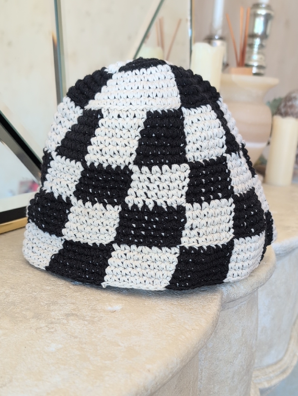 Handmade Crochet Checkerboard Beanie in Black & White